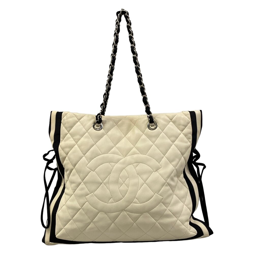 Chanel Matelasse Tote Bag White Black Lambskin Nylon - Picture 1 of 15